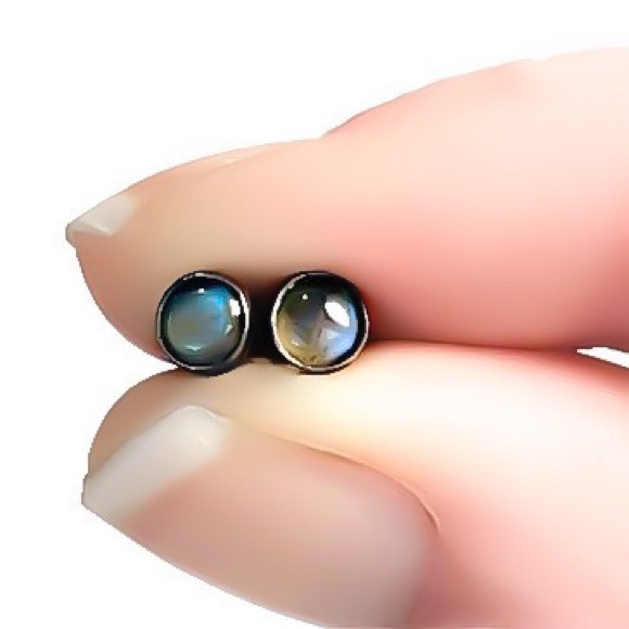 Oxidized Black 925 Sterling Silver Genuine Labradorite Gemstone Stud Earrings - Picture 4 of 10